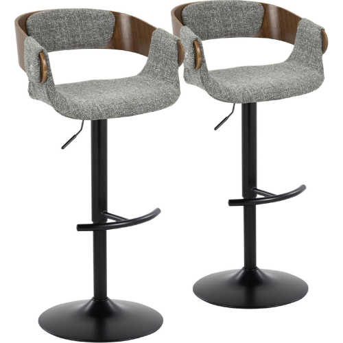 Elisa Adjustable Swivel Bar Stool in Black Metal, Walnut Wood & Grey Fabric (Set of 2)